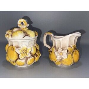 VTG 70s Inarco Japan 3D Fruit Sugar Creamer Set w Lid Yellow Daisy Pear Country
